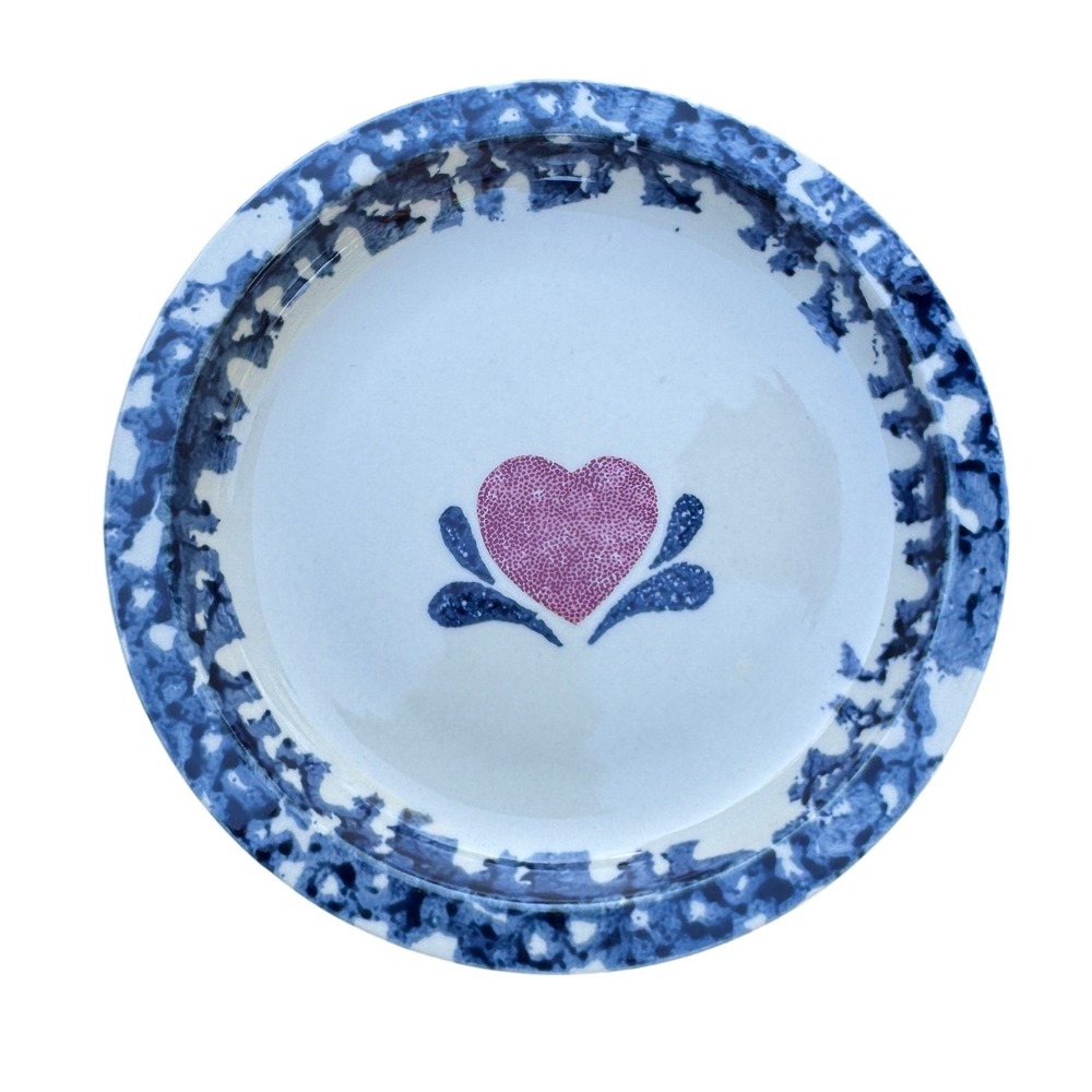 Culinary Arts‎ Stoneware Blue Spongeware Red Heart Salad Plate Set of 3 7.5"